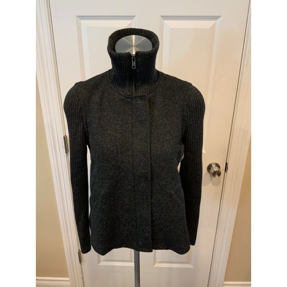 Eileen Fisher Black Boiled Wool High Neck Long Sleeve Zip-Up Jacket, Size PS